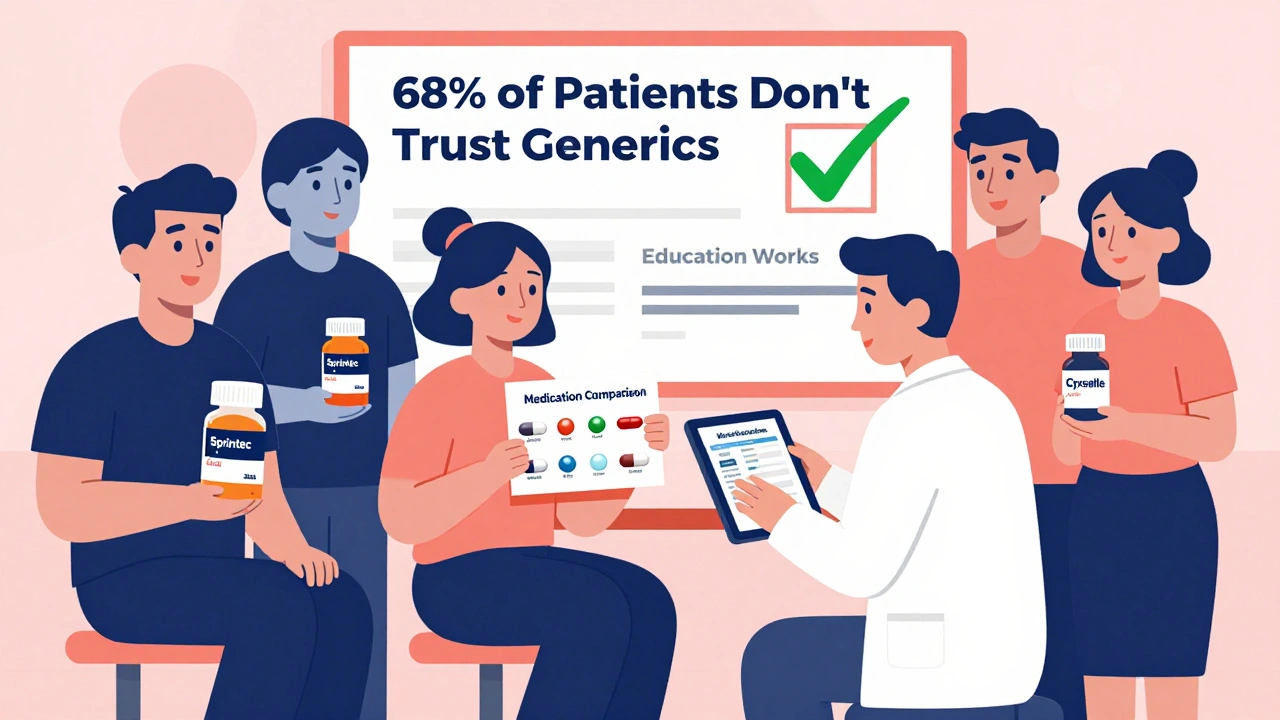 Pharmacist explaining medication to patients holding branded and generic pill bottles.