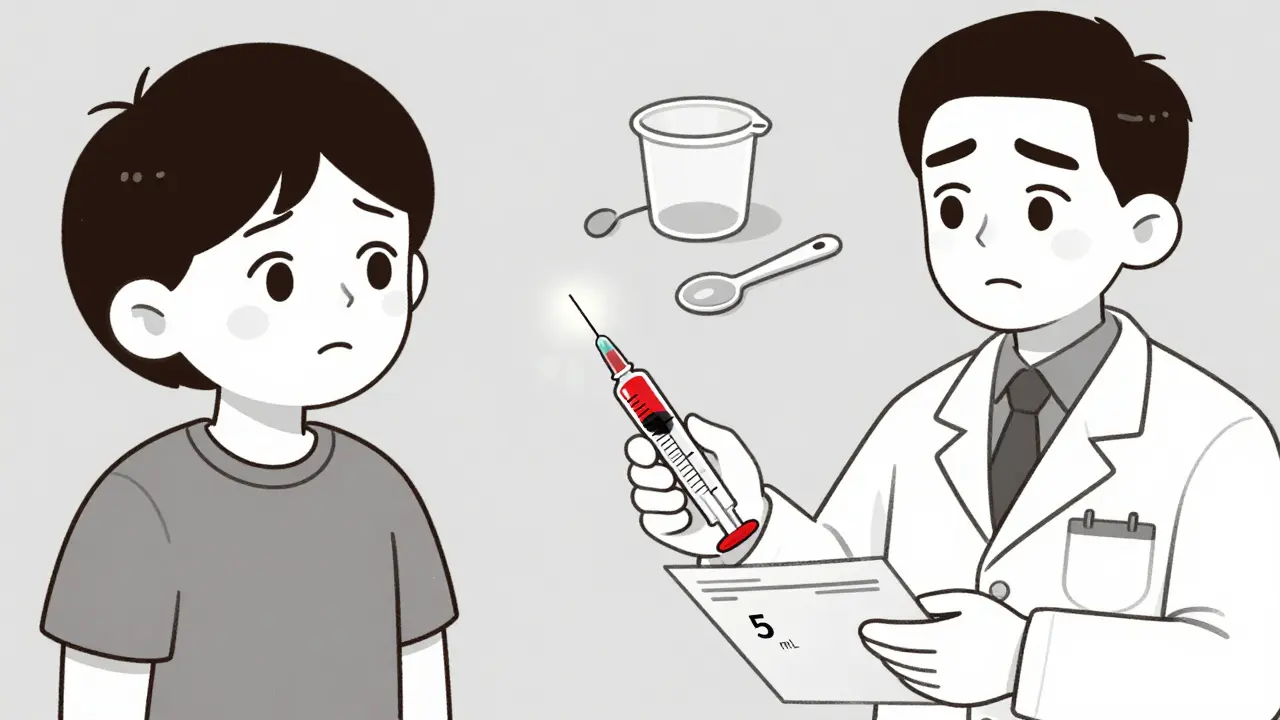 Pharmacist handing a color-coded syringe to a parent, with prescription clearly labeled in mL.