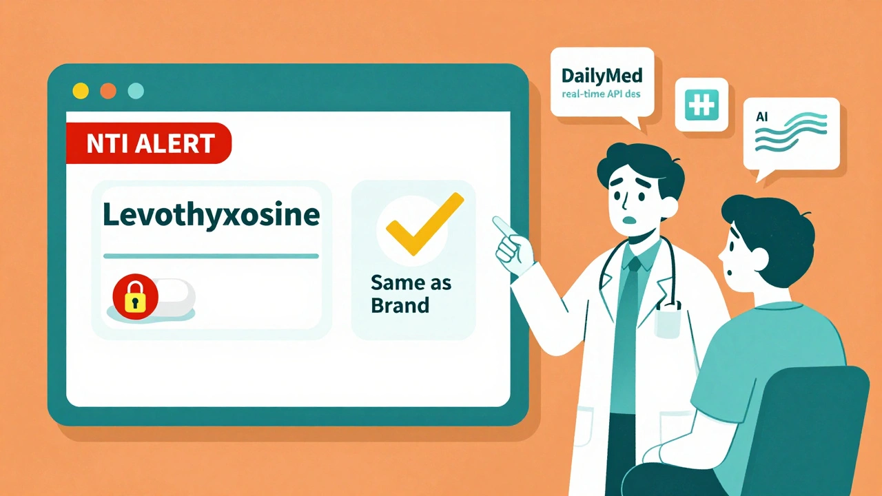 Pharmacy screen showing NTI alert on generic drug vs authorized generic with golden checkmark.