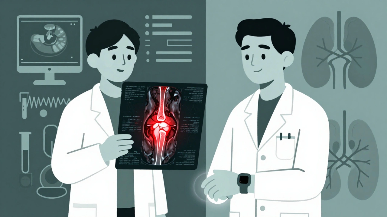Rheumatologist holding an MRI scan showing inflamed joints, patient wearing a wearable patch.