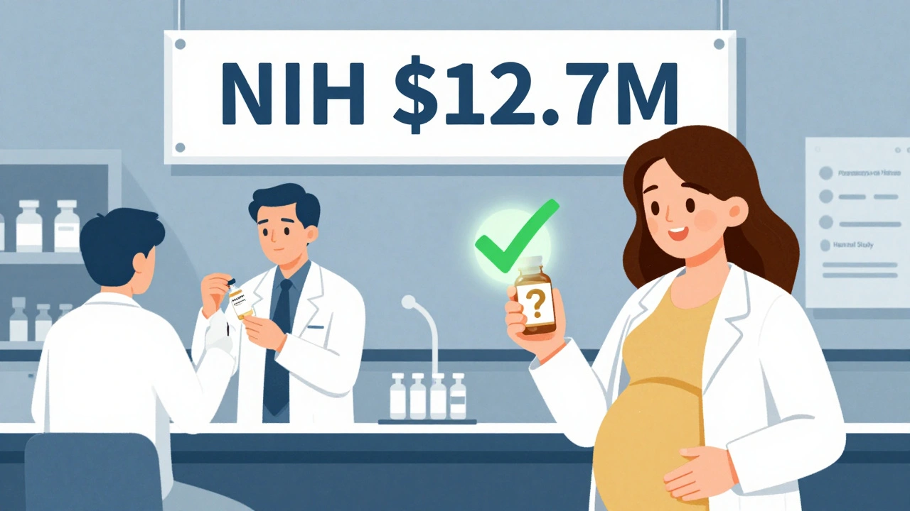 Scientists in lab studying herbal pregnancy research, woman holding bottle with question mark.