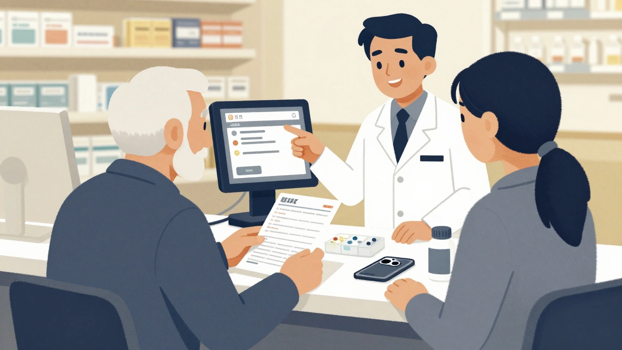 Senior and family member reviewing medication list with pharmacist at pharmacy counter.