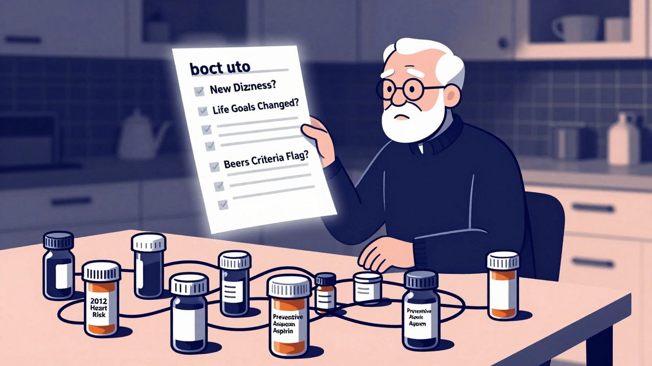 Senior at a kitchen table surrounded by outdated prescription bottles, with a glowing checklist highlighting key review questions.