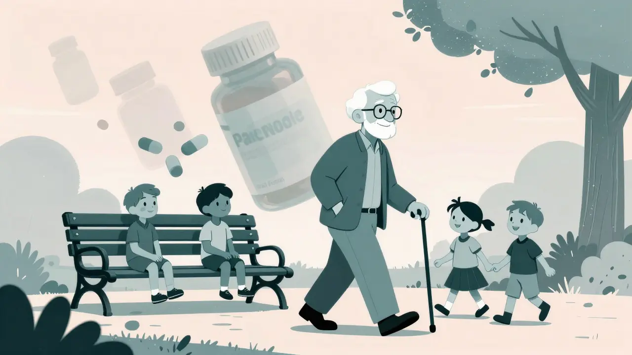 Senior walking happily with grandchildren as old pill bottles fade away behind them.
