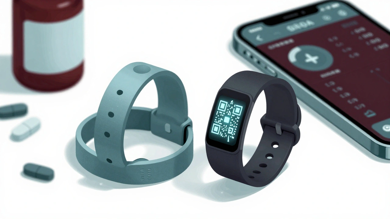 Side-by-side comparison of engraved and QR code medical alert bracelets with pill bottles and smartphone.