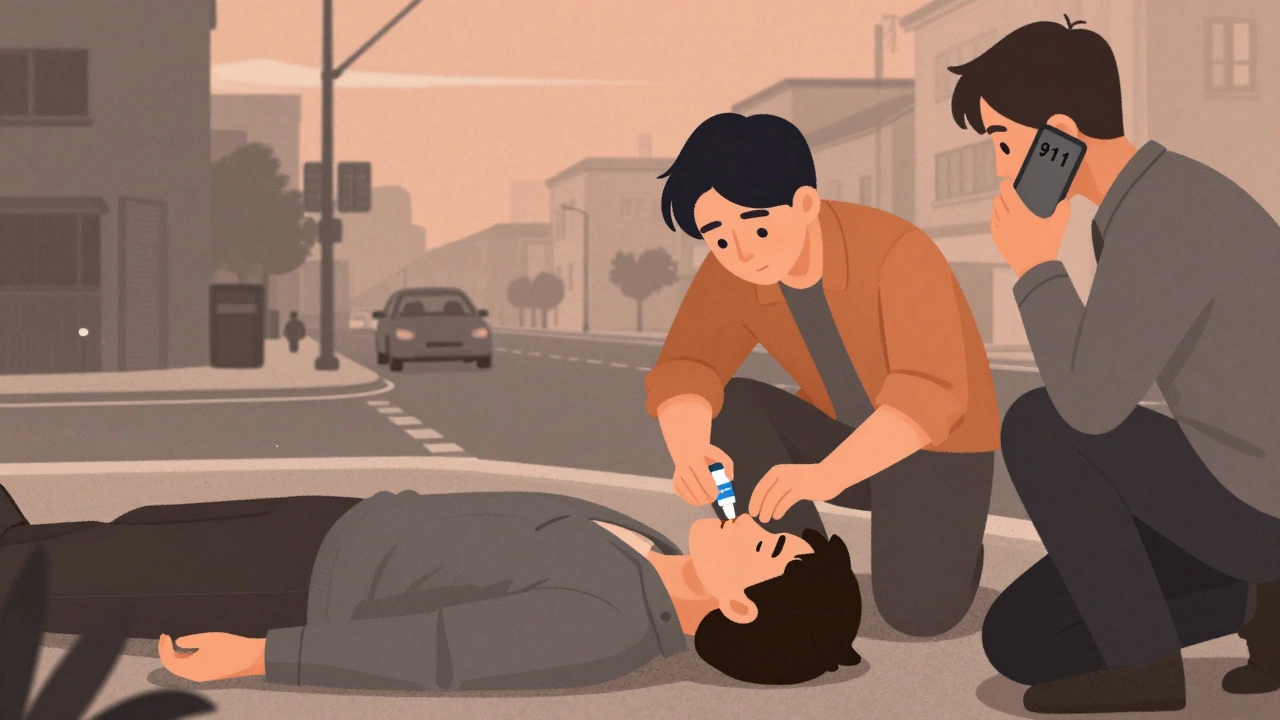 Someone administering Narcan nasal spray to an overdosing person while another calls for help.