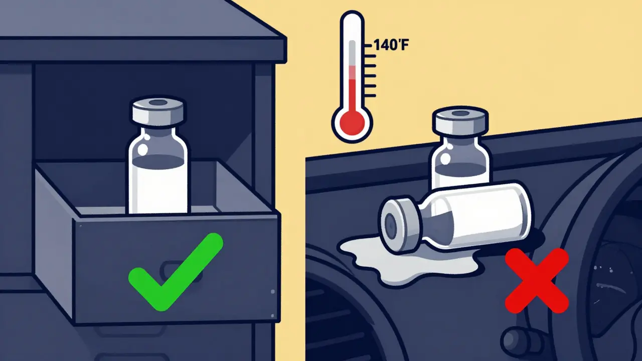 Split image: insulin stored properly in a drawer versus melted in a hot car, with a rising thermometer.