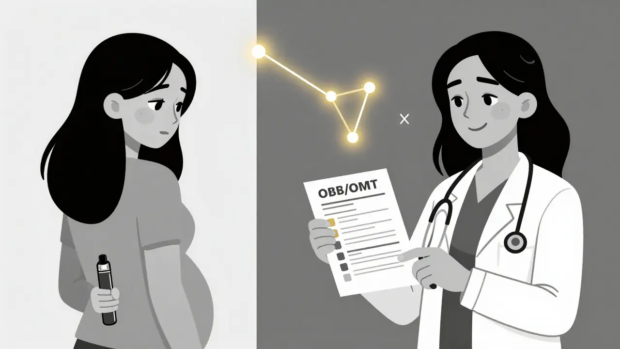 Split image of a woman revealing her medication list to her doctor, with a pregnancy risk scale floating between them.