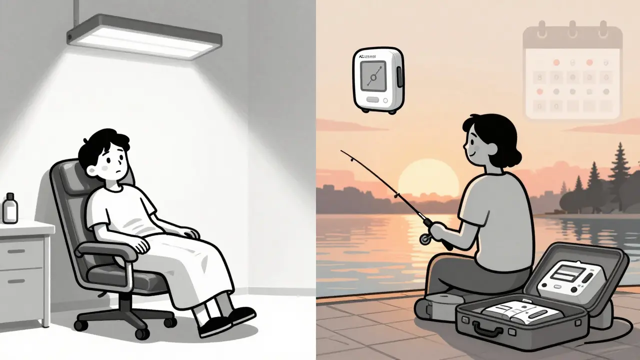 Split scene: tired clinic patient vs. same person fishing happily, portable dialysis machine nearby.