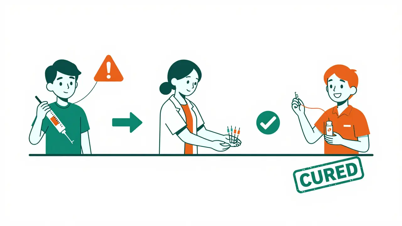 Three figures illustrate the journey from risky injection to harm reduction and cure, with symbolic color coding.