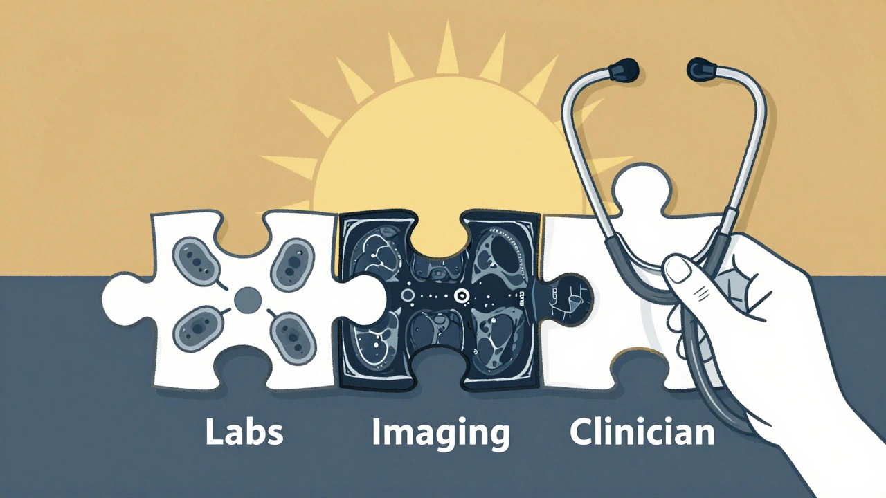 Three puzzle pieces labeled Labs, Imaging, and Clinician fitting together under a sun.