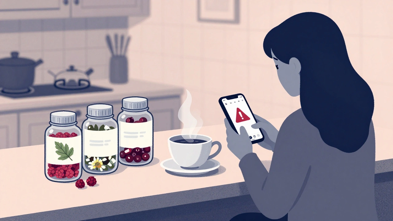 Unlabeled herbal capsules on counter with woman hesitating, shadowy social media warning.