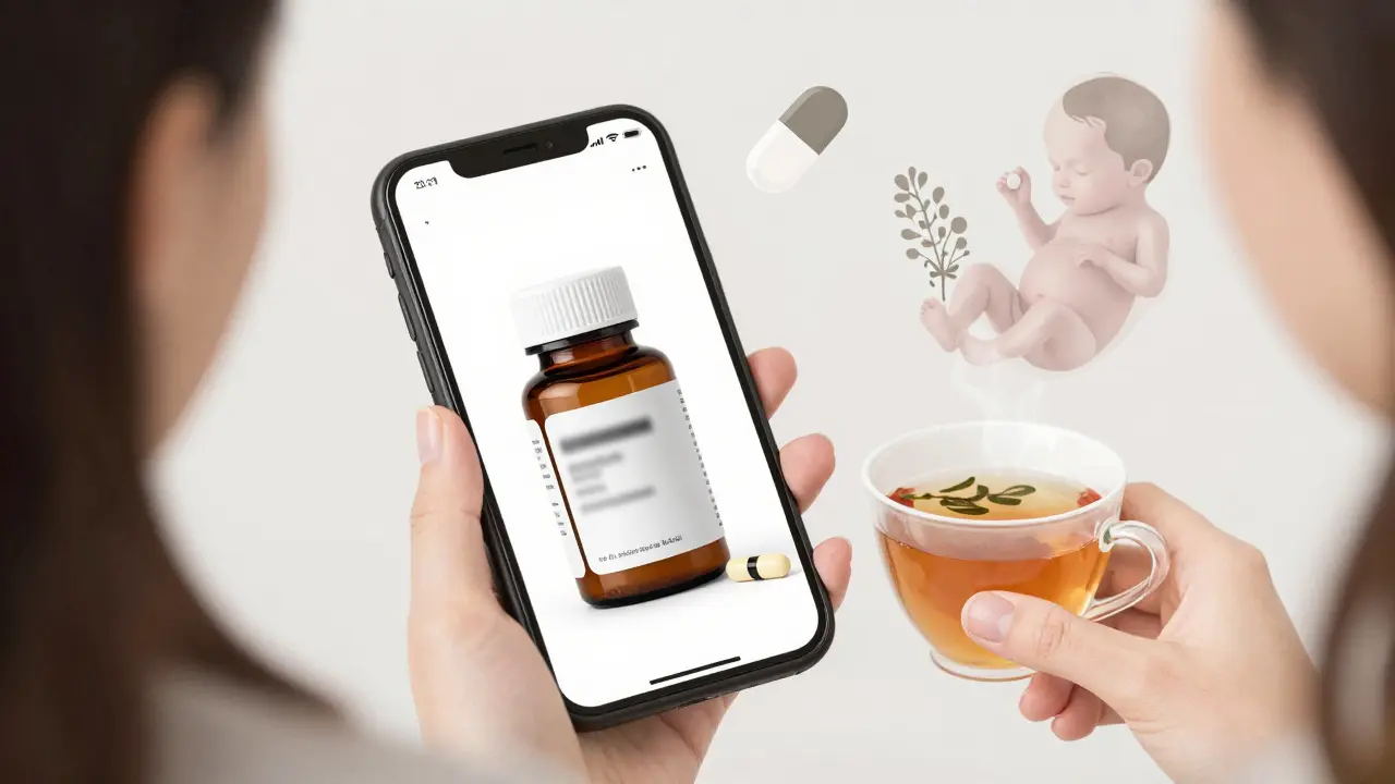 Woman taking a photo of a medicine bottle on her phone while holding prenatal vitamins and herbal tea.