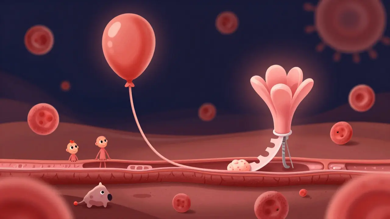 A catheter procedure with balloon and stent opening a blocked artery, shown in duotone style.