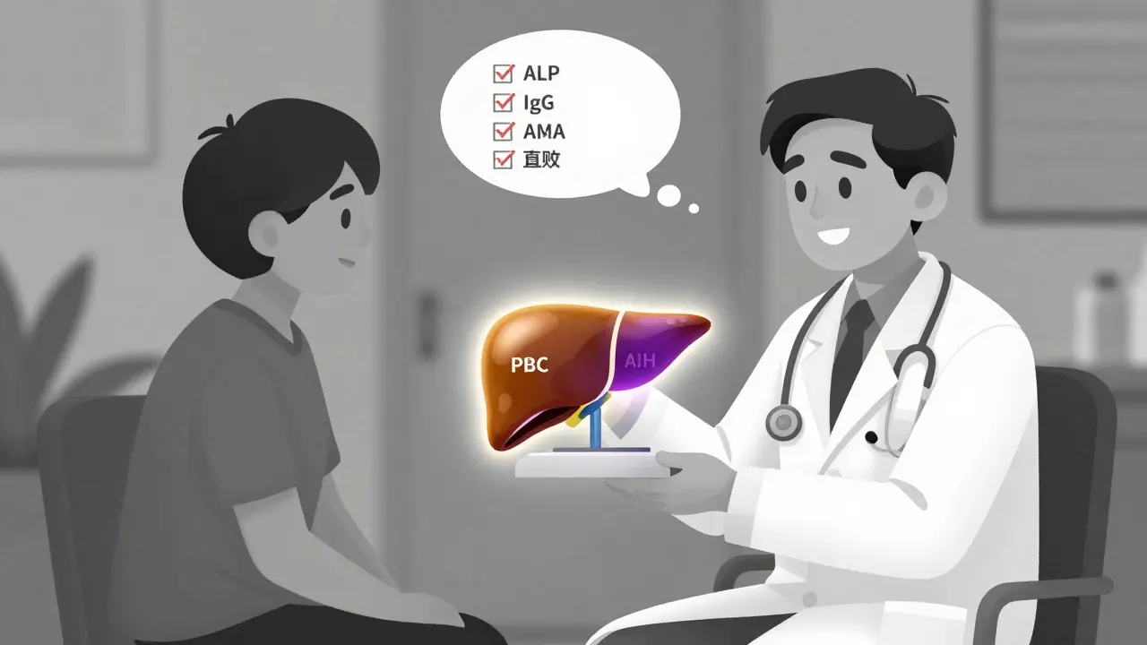 A doctor holding a two-toned liver model while a patient has diagnostic tests floating above them in a calm medical setting.