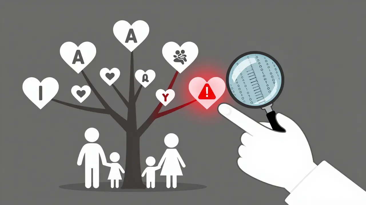 A family tree with warning symbols on hearts, highlighting inherited cardiac risks for stimulant use.