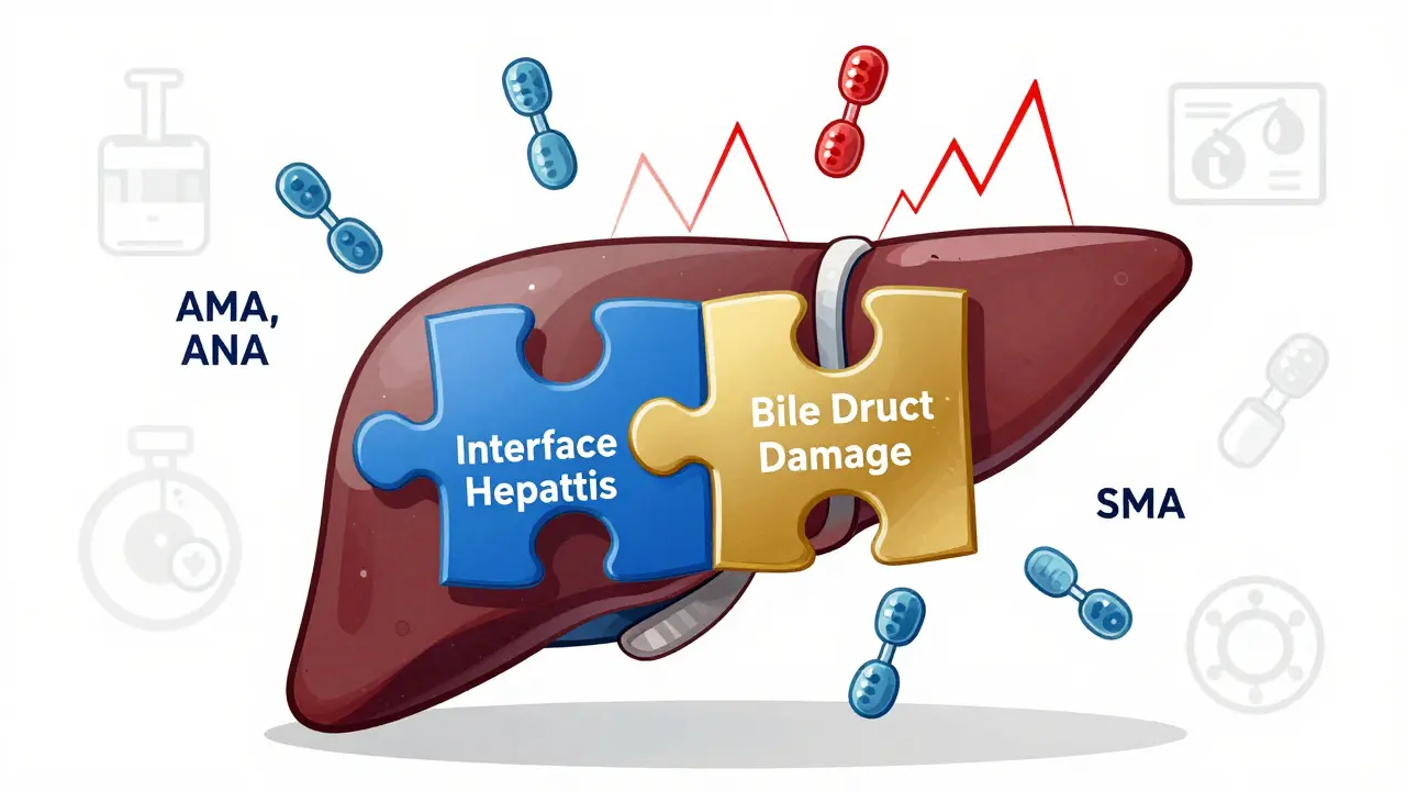 A liver biopsy puzzle with interface hepatitis and bile duct damage pieces, surrounded by antibody symbols and rising enzyme lines.