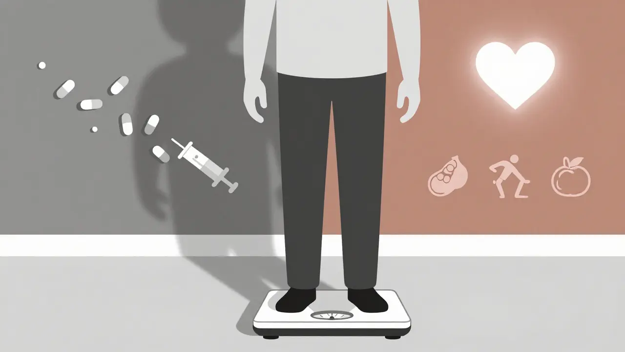 A person on a scale with a dual shadow showing weight regain vs. sustained health after treatment.