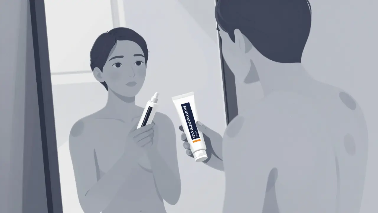 A person with uniform depigmented skin holding cream and sunscreen, facing a mirror with faint memory patches, in cool gray and indigo tones.