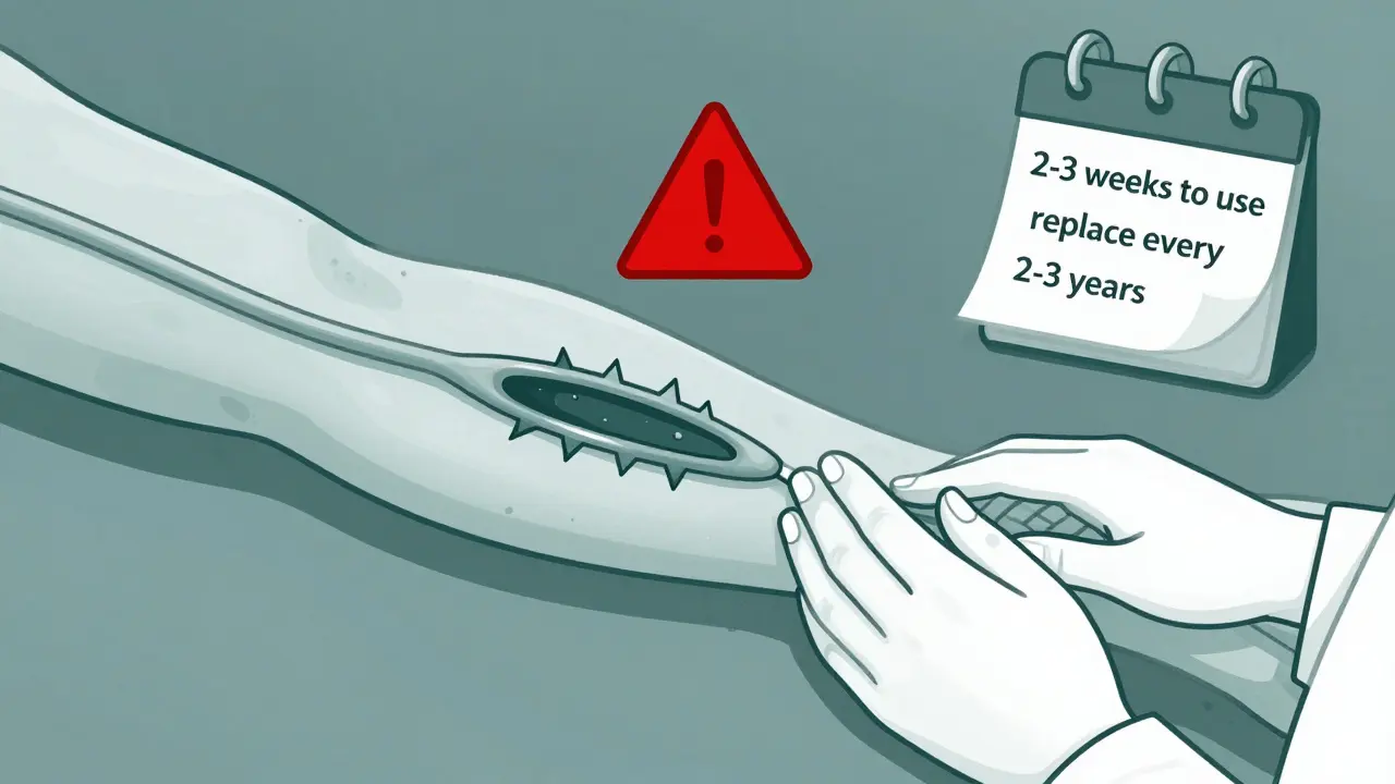 AV graft with clots and warning signs, being checked by a nurse for proper function.
