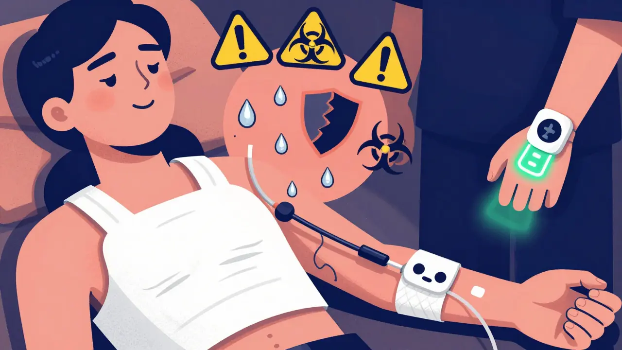 Catheter with water threat and caution symbols, beside a wireless sensor monitoring fistula flow.
