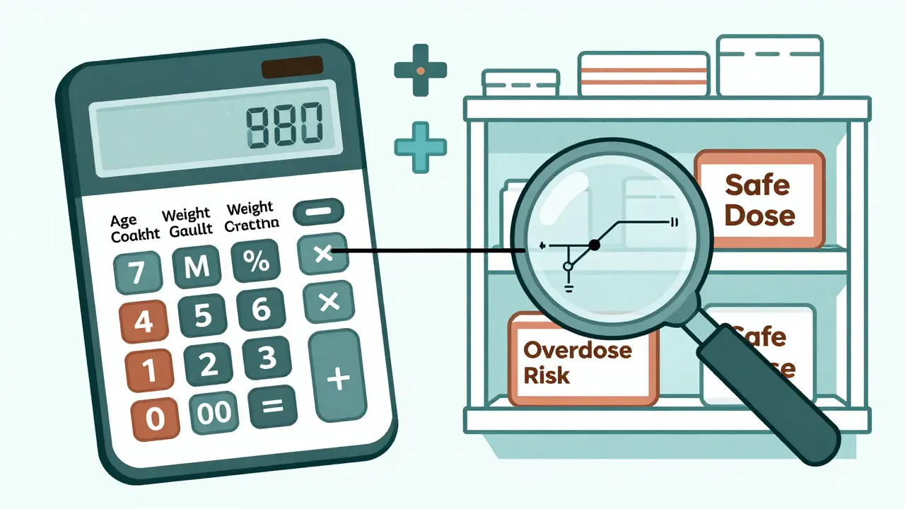 Cockcroft-Gault equation calculator beside labeled antibiotic bottles in duotone style