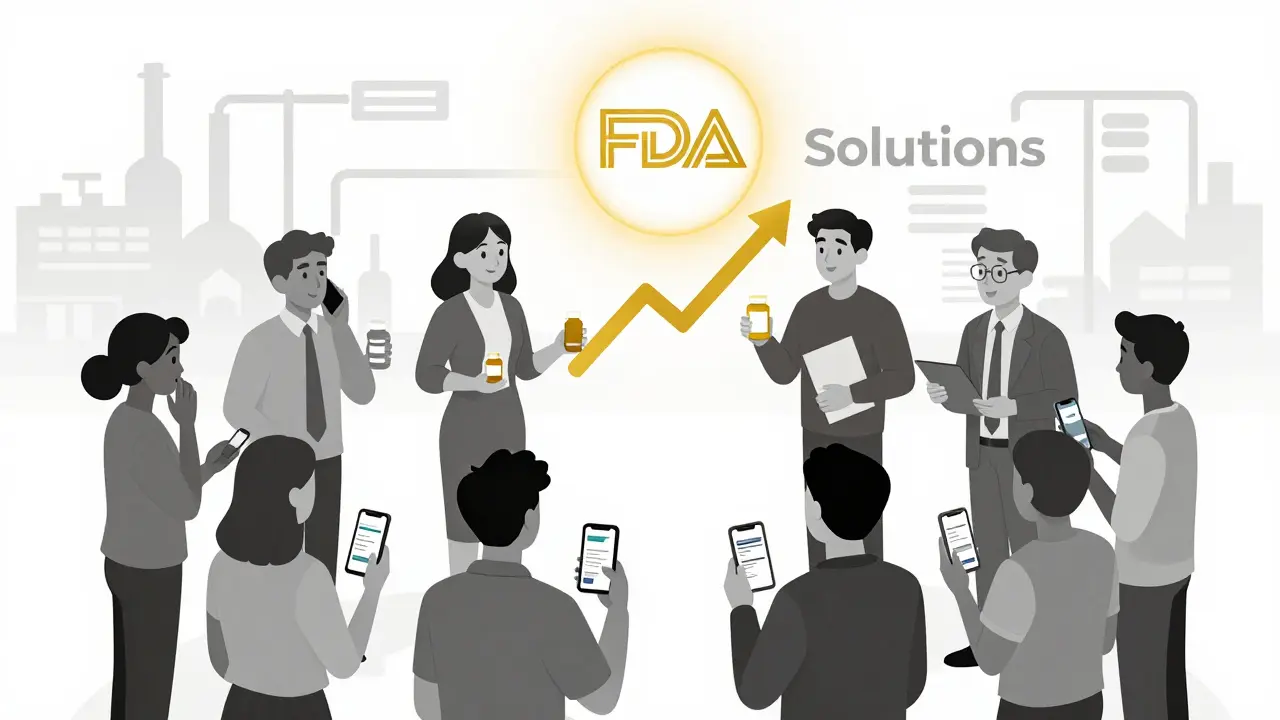 Community of people taking action against medication shortages using phones, charts, and online resources.