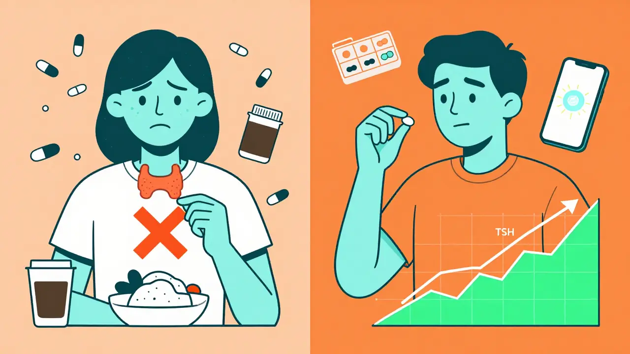 Contrast between chaotic pill misuse and organized routine for consistent thyroid treatment.