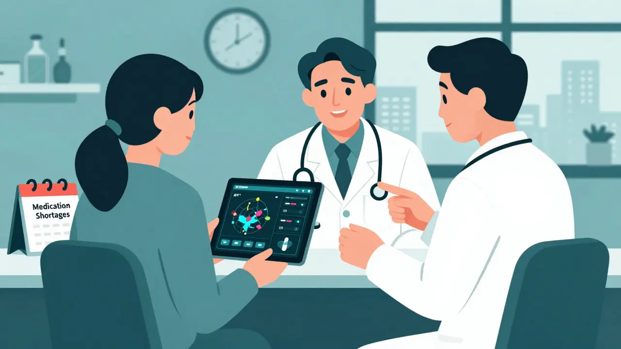 Doctor and patient reviewing digital dashboard showing drug availability and treatment alternatives.