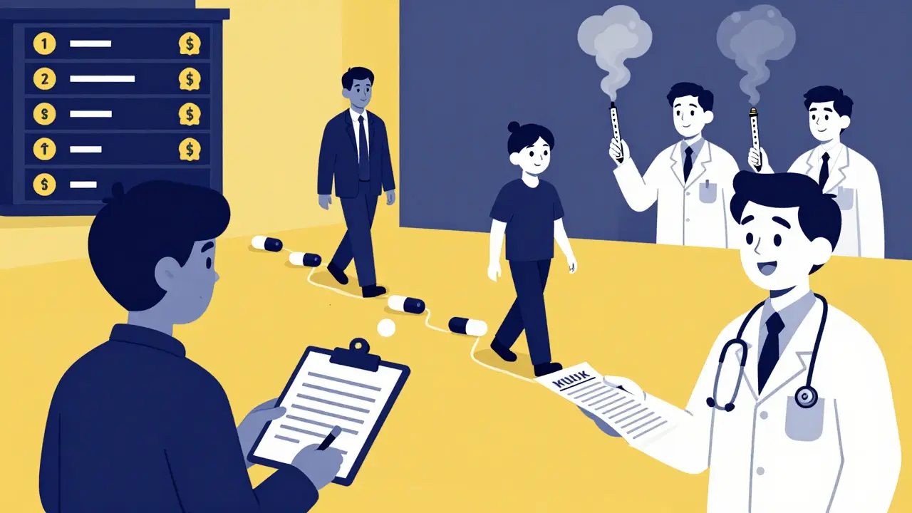 Doctor giving prescription that turns into a path of generic pills leading to a happy patient.