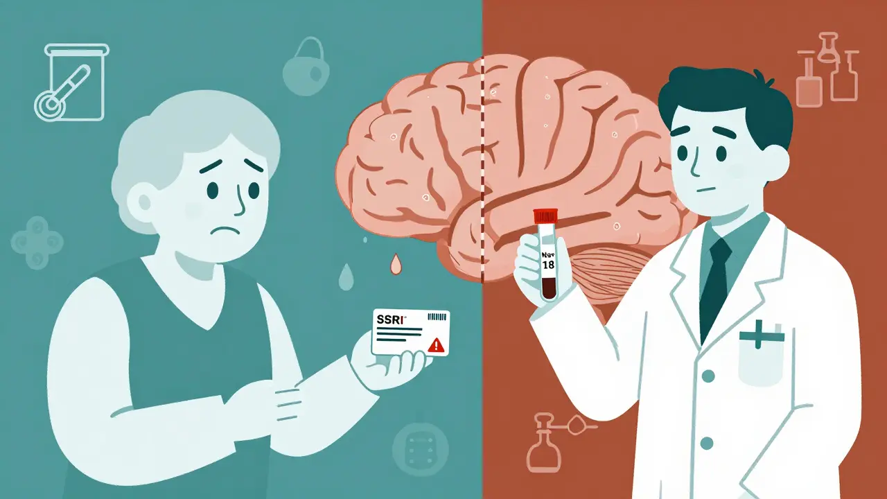 Doctor giving SSRI prescription on one side, lab tech holding low sodium blood sample on the other.