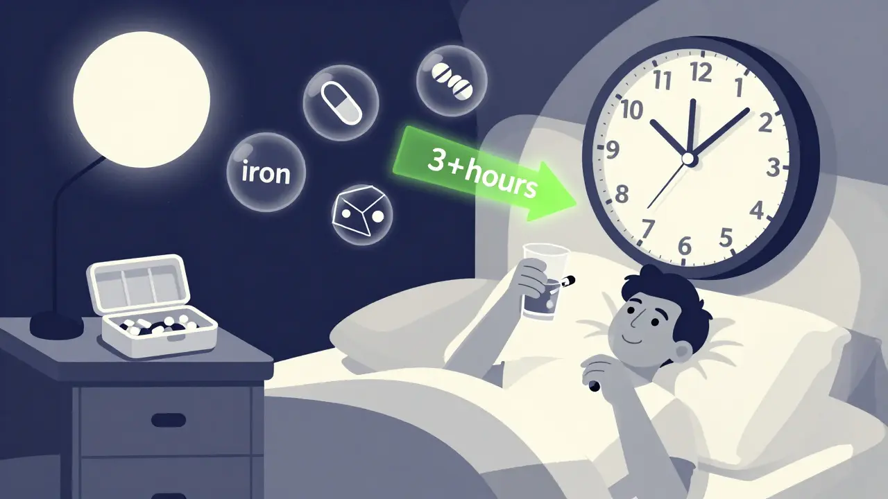 Evening dose of thyroid medication taken at bedtime with supplements kept at distance.