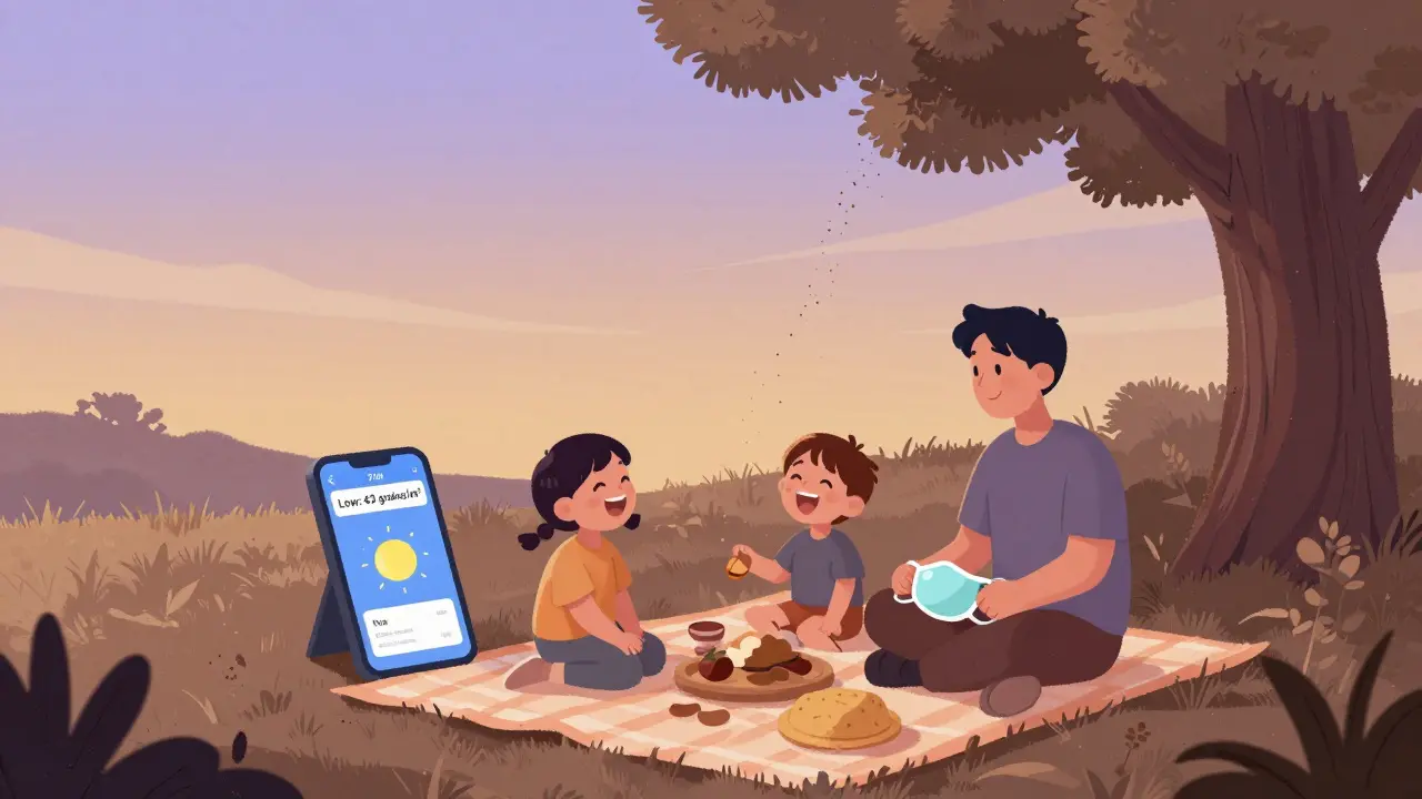 Family enjoying evening picnic as pollen levels drop, app visible showing low count.