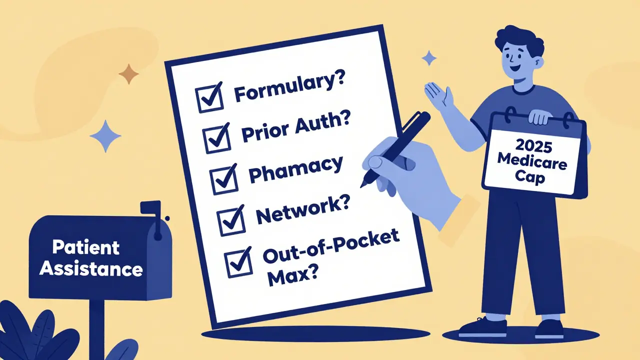Floating checklist for prescription insurance questions, with a person holding a 2025 Medicare cap calendar.