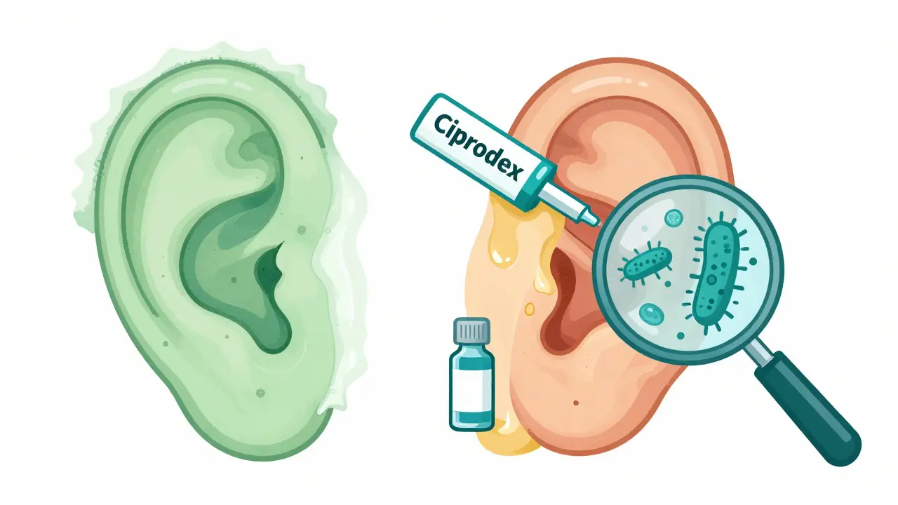 Healthy vs infected ear canal comparison with antibiotic drops spraying, rendered in teal and mustard duotone.
