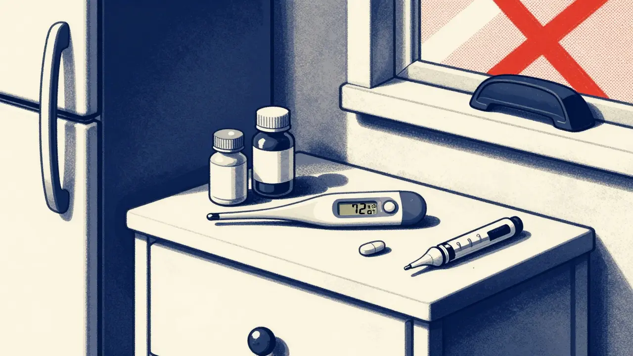 Medications stored safely in a bedroom drawer with digital thermometer showing ideal conditions.