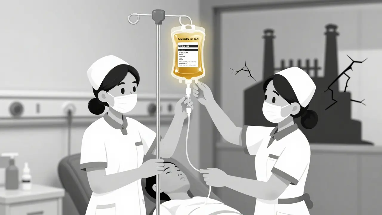 Nurses administering IV fluids with extended expiration dates in a hospital room, one vial glowing with a new date.