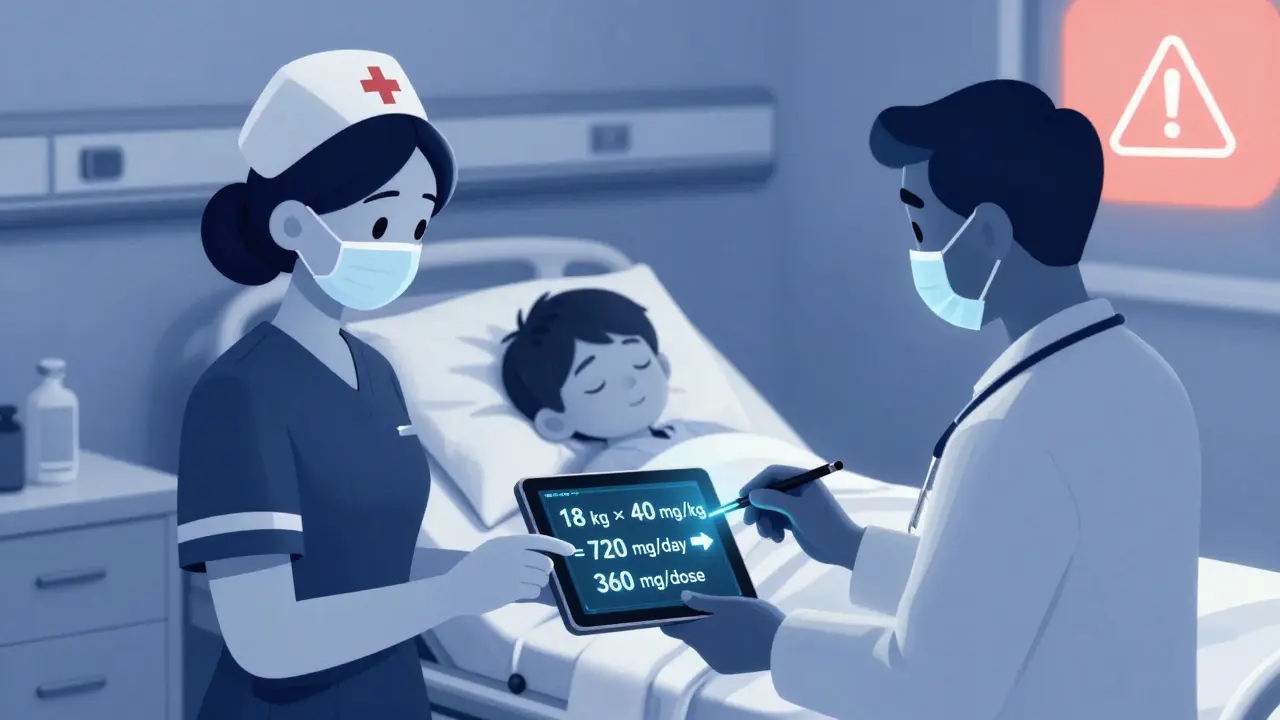 Nurses verifying pediatric medication dose on a tablet, with calculation formula visible.