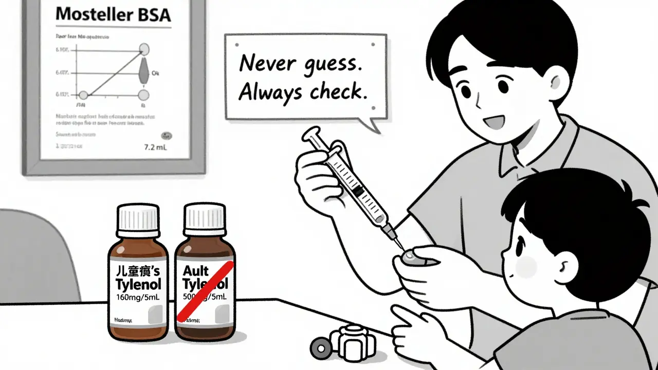 Parent using oral syringe to measure precise liquid medicine dose, with two medicine bottles shown.