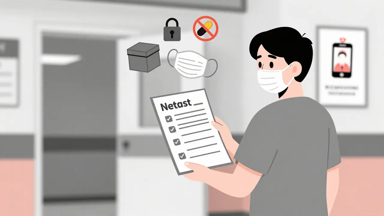 Patient leaving hospital with medication checklist and safety icons floating above.