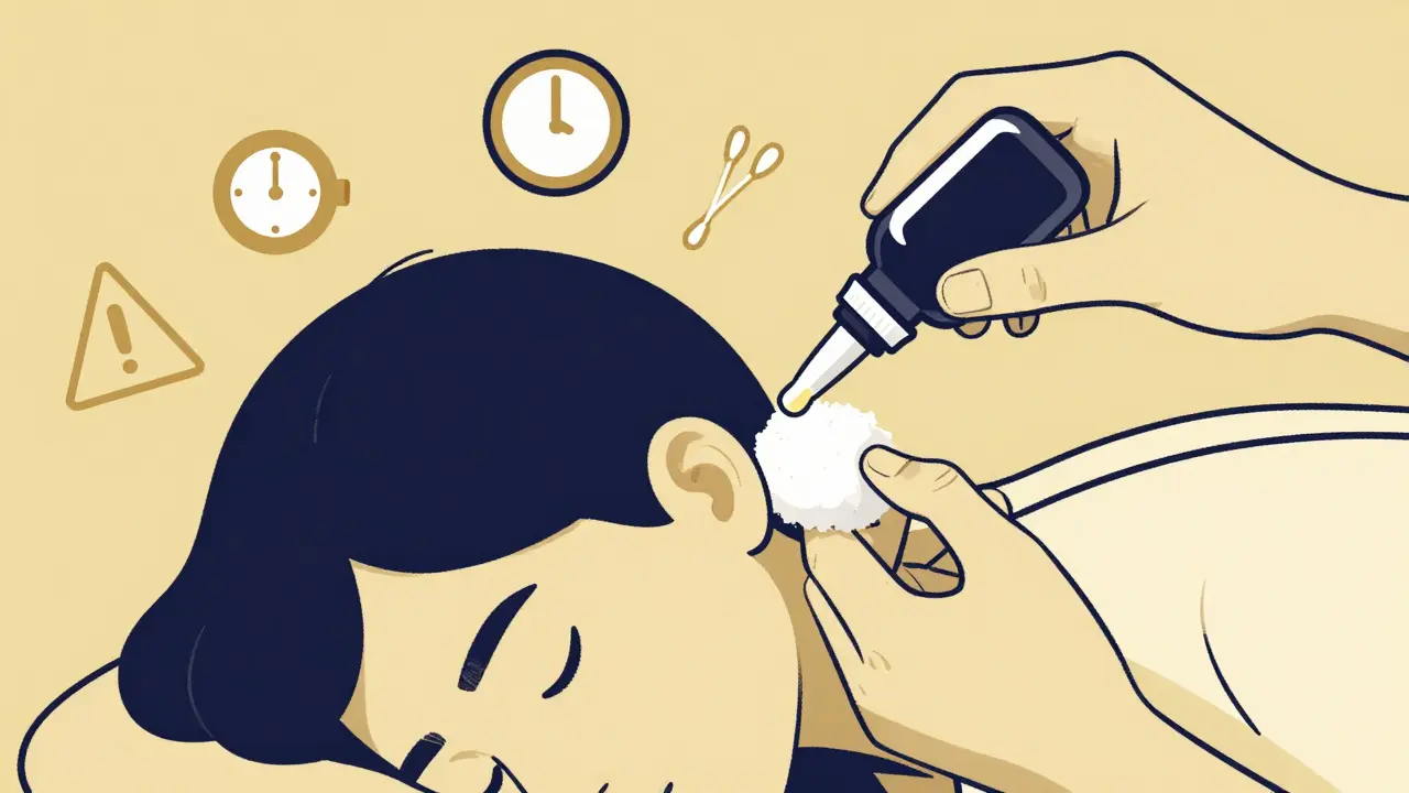 Person correctly applying ear drops with cotton ball and timer icons, in navy and gold cartoon duotone style.