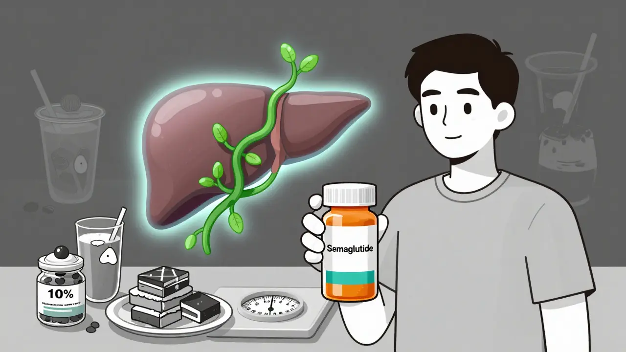 Person holding semaglutide bottle beside scale, healing liver glowing behind fading unhealthy foods.