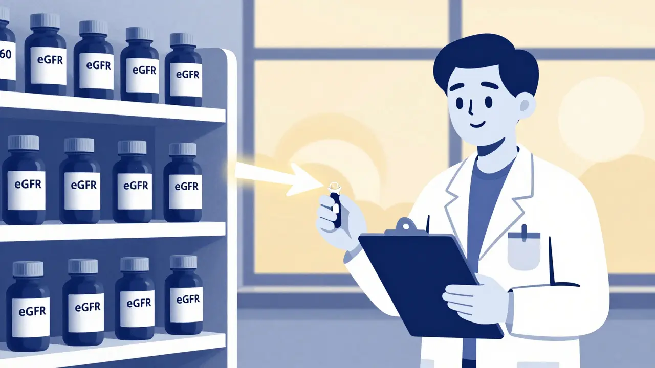 Pharmacist adjusting pill size based on eGFR levels, with blood test and sunrise in background.
