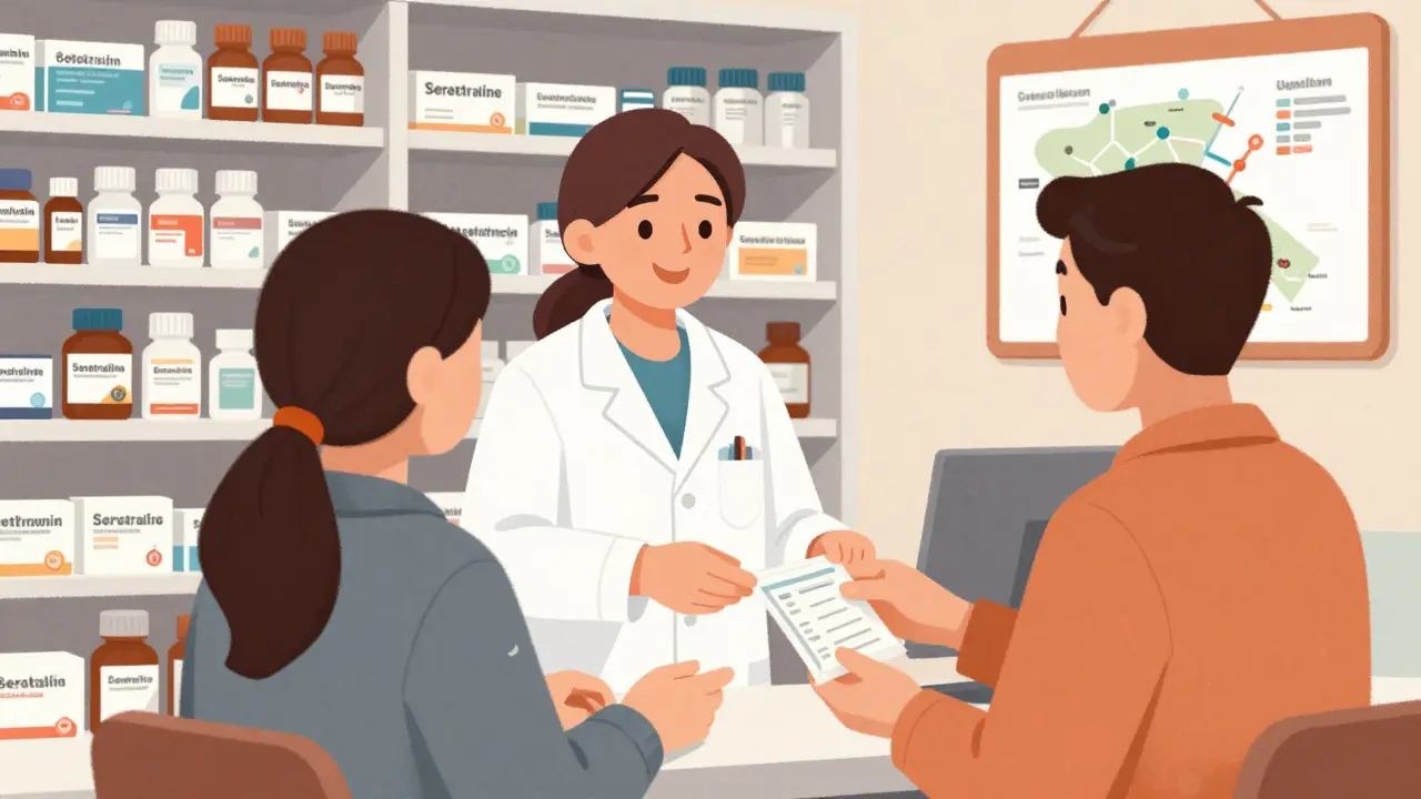 Pharmacist handing medication to a patient inside a small clinic with shelves of generic drugs.