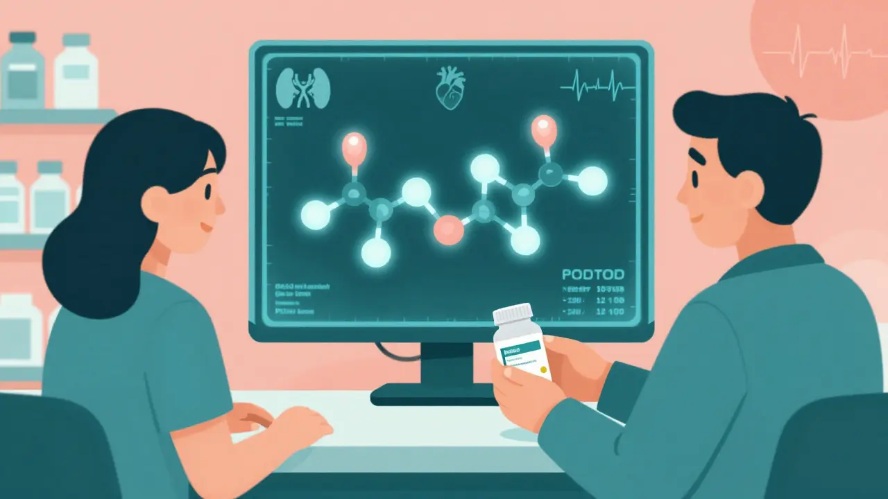 Pharmacist hands a generic pill bottle while X-ray view shows identical drug molecules glowing in sync.
