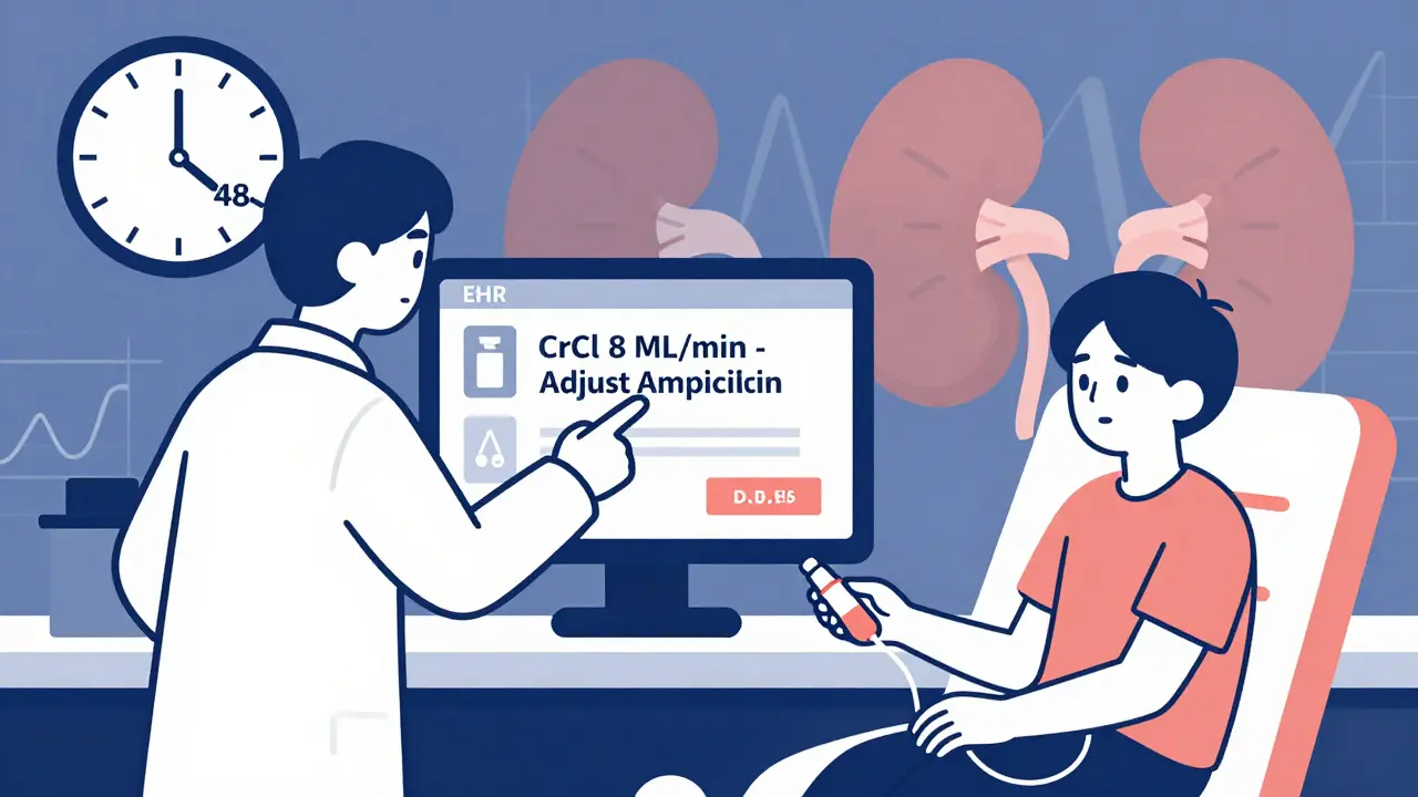 Pharmacist reviewing EHR alert for kidney dose adjustment during dialysis