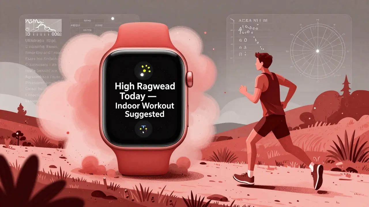 Runner paused on trail as Apple Watch alerts about high pollen, with digital forecast overlay.