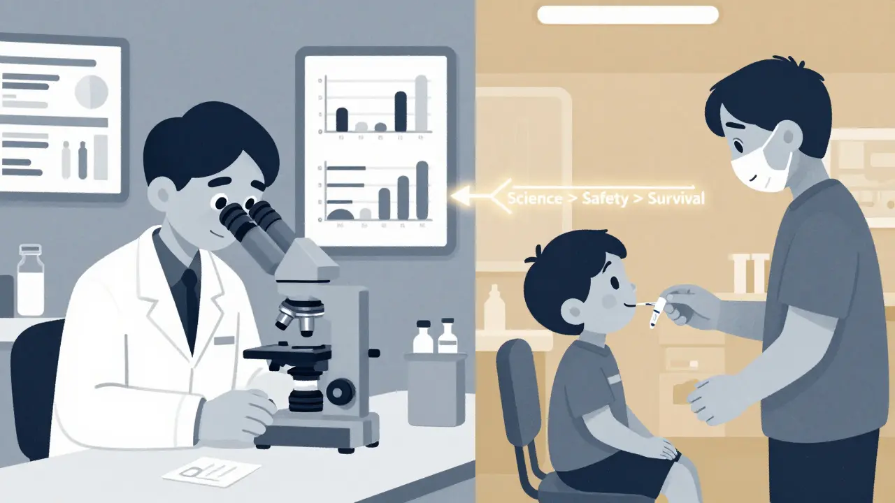 Scientist studying drug stability beside a child receiving anesthesia, connected by a timeline of safety and survival.
