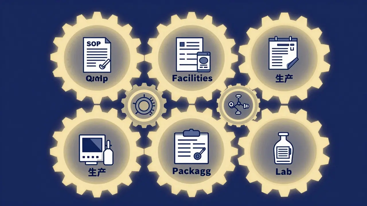 Six interconnected gears represent FDA inspection systems, glowing in blue and gold, symbolizing compliant manufacturing processes.