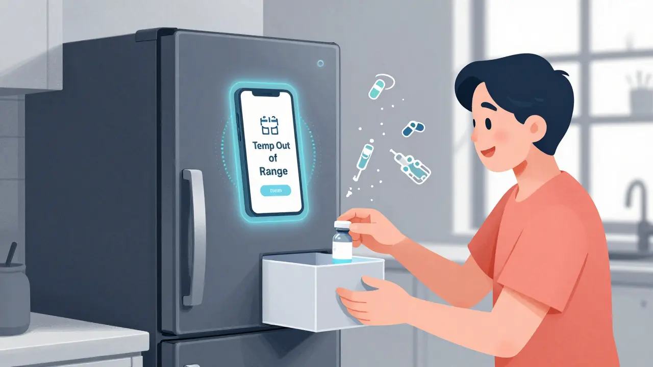Smart fridge with IoT alert notifying temperature issue and patient safely storing insulin.